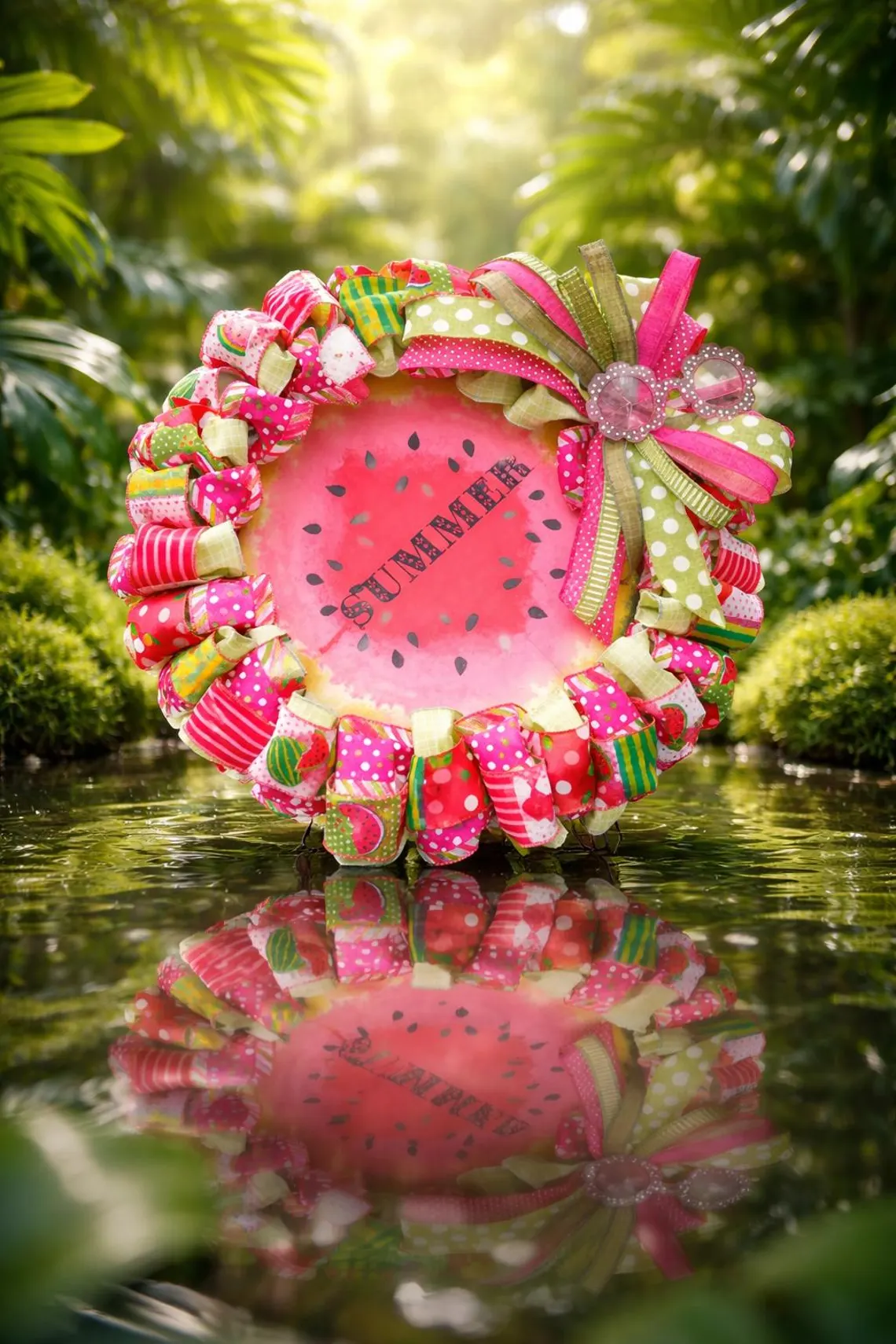 Watermelon, Ribbon Wreath with Summer sign and sunglasses