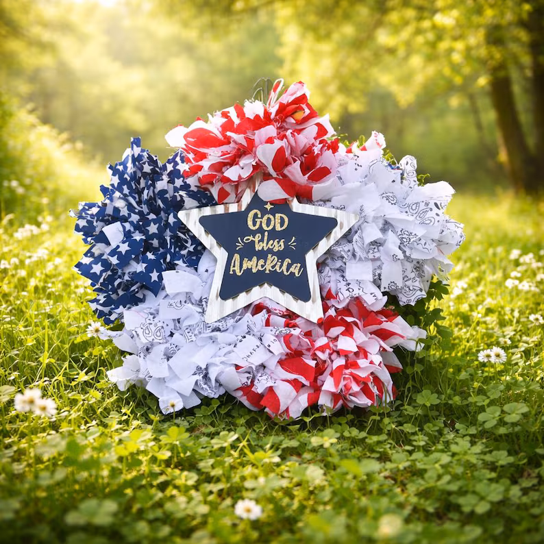 Star Patriotic Rag wreath with "God Bless America" star