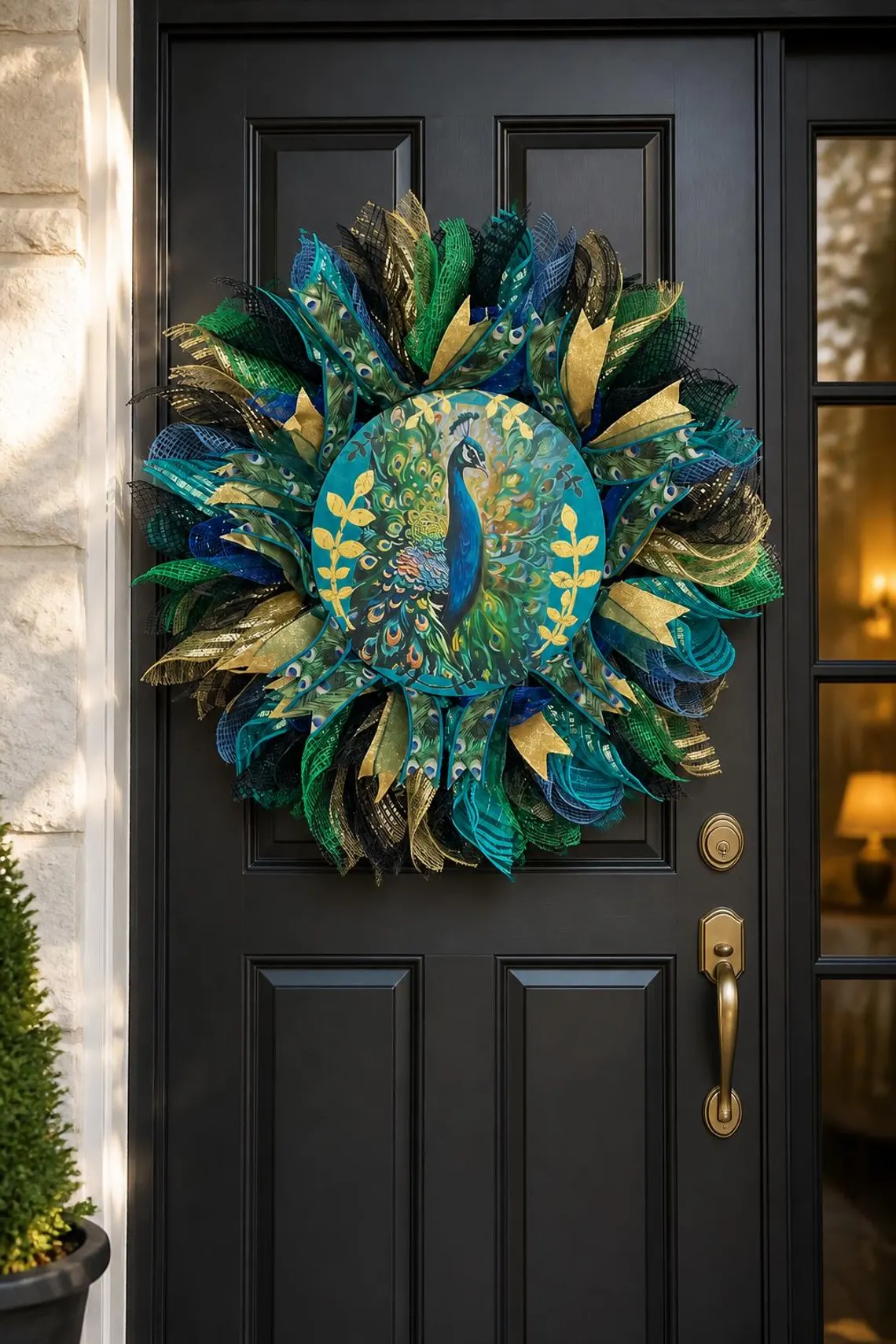 Peacock Wreath with Wooden Sign, Deco Mesh and Ribbon